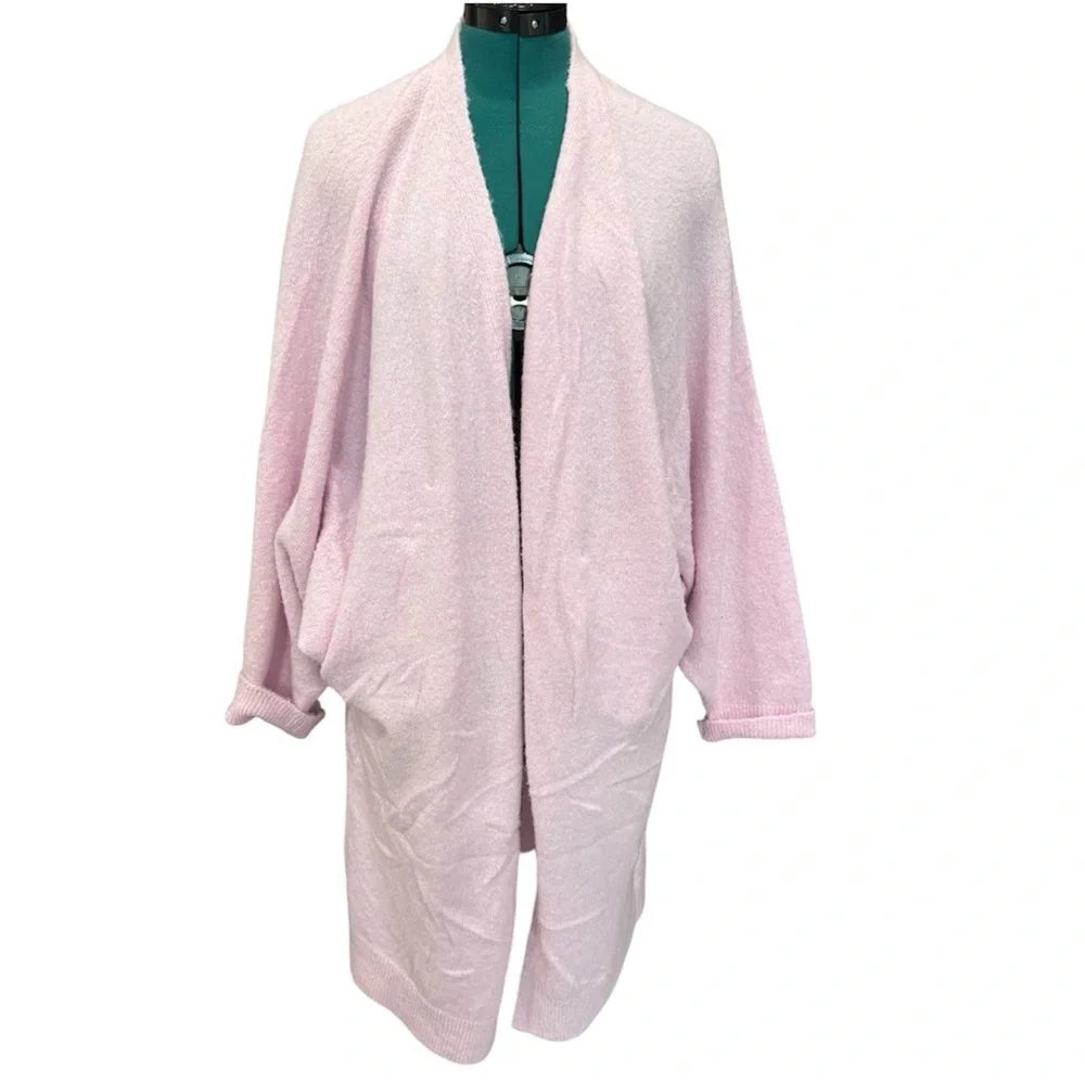 Lavender Pink Open-Front Cozy Cardigan Sweater for Women Drop Sleeves Pockets S